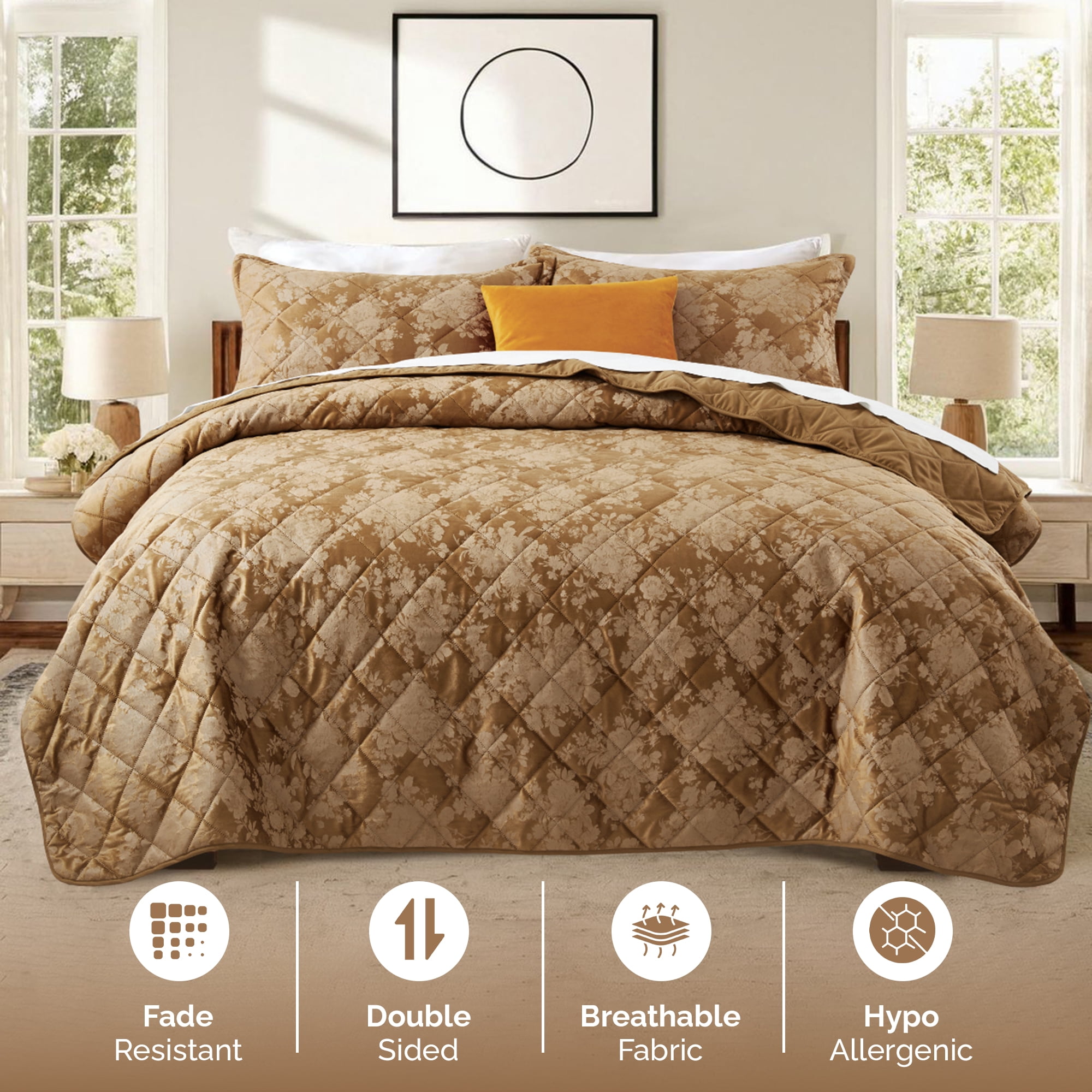 IR Imperial Rooms Velvet Bedspread Floral Pattern 3-Piece Set Ultrasonic Embossed Quilt Reversible Soft Microfiber Coverlet Queen Size Caramel
