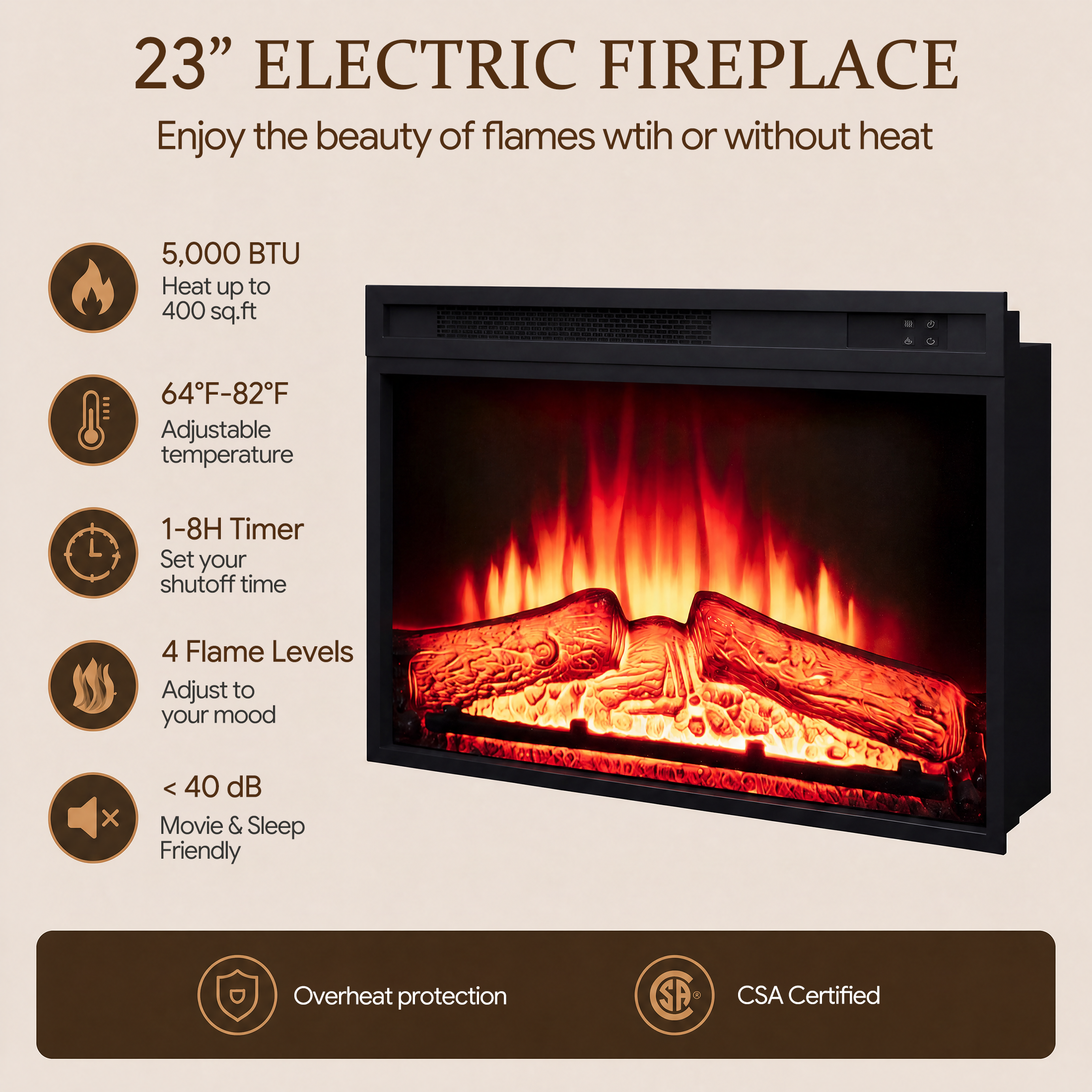 Paproos 65" Electric Fireplace TV Stand with LED Lights, Brown photo 4