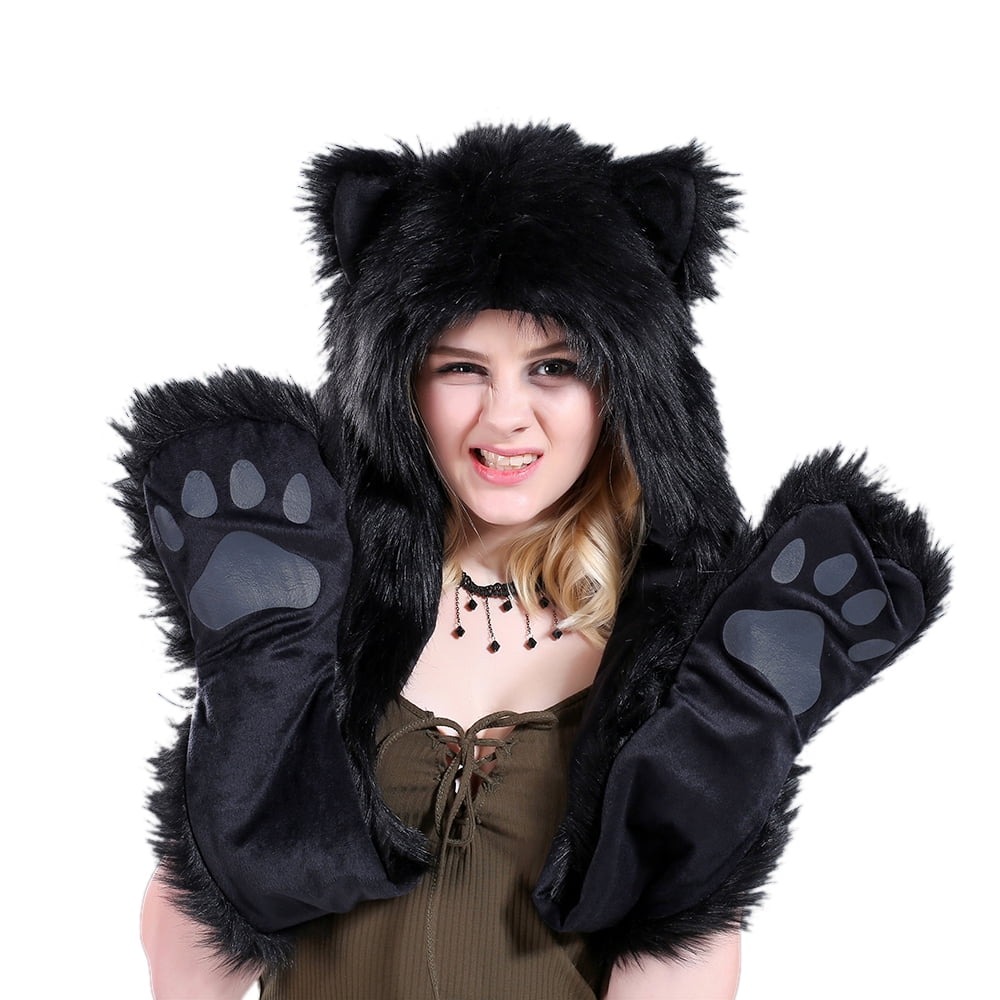 White Winter Faux Fur Animal Ears Hat Gloves Mittens Long Scarf Snood Hood Paws 