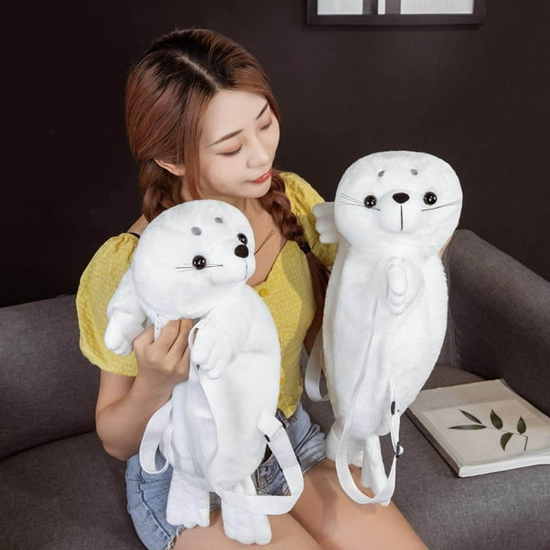 Electronicheart Cute Seal Shaped Backpack Plush Animal Bag Female Outdoor Bag Girls Women Lightweight Adjustable Soft White