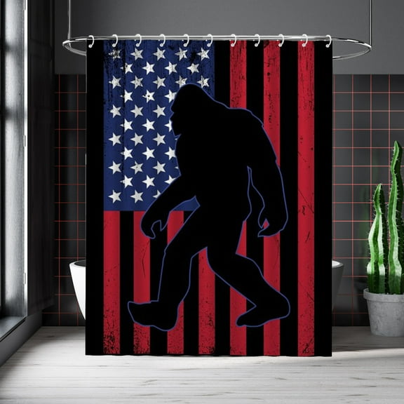 Bigfoot Shower Curtains Red and Blue Bigfoot Waterproof Bathroom Curtains with Hooks, Unique Stars and Stripes Bigfoot Themed Bathroom Decor