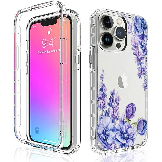 Compatible avec iPhone 13 Pro Max Étui (6.7 Pouces) Motif Fleur Transparent Couverture Complète 360 Pcs Dur + Silicone Souple TPU 2 en 1 Étui de Téléphone Résistante aux Rayures pour Femmes Filles-Violet Lavande