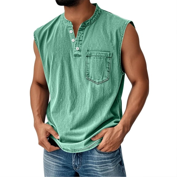 HappyYEE Men’s Print Tank Tops Stand Collar Button Sleeveless Tops with Pockets Vintage Fashion Summer Daily Tanks Green L