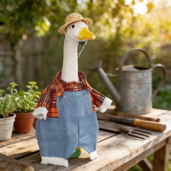 Porch Goose Spring Outfits,Porch Clothes with Plaid Shirt Denim Overalls and Straw Hat, Rustic Farmhouse Lawn Goose Costume for Patio Garden Decor, Cute Spring Summer Outdoor Decoration