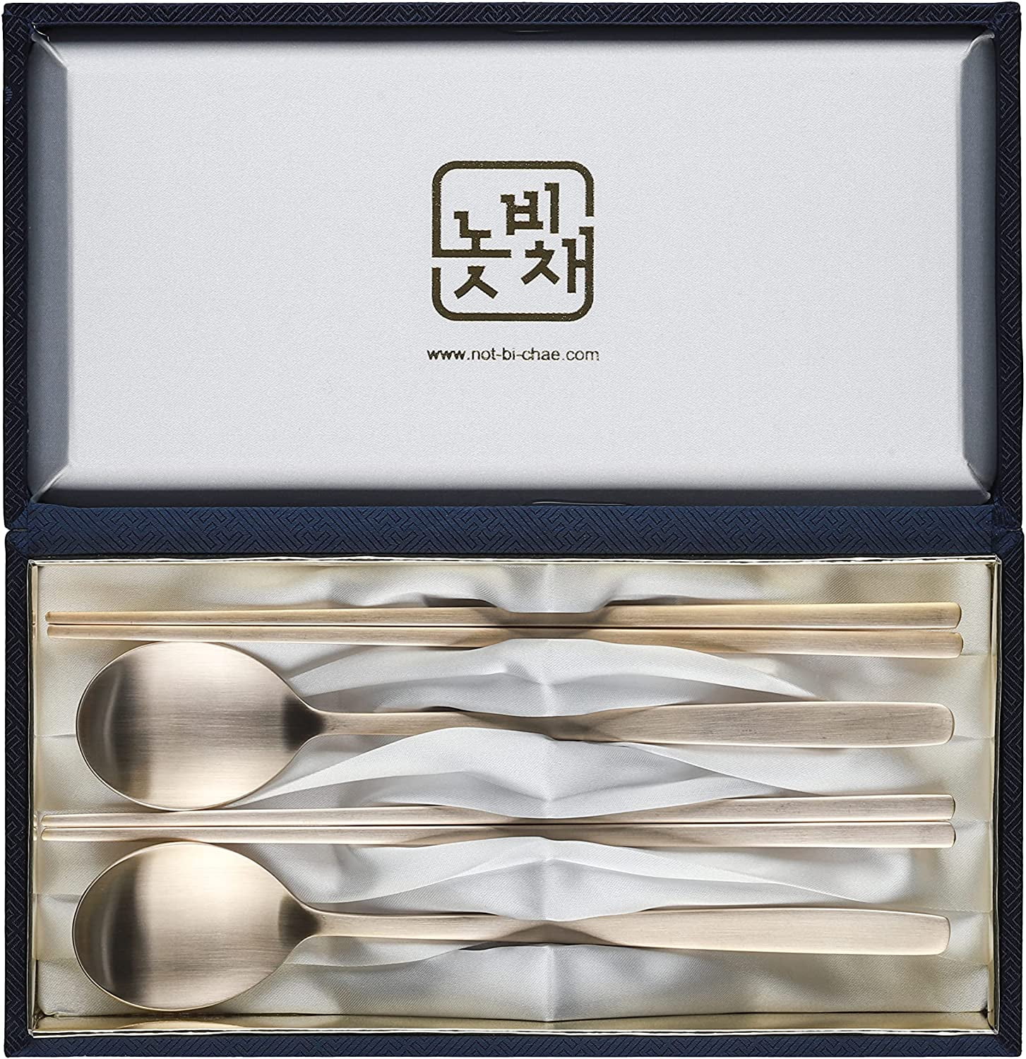 Notbichae, Korean Traditional Handmade Bronzeware Cutlery Tableware Spoon  Chopsticks Set BANGJJA YUGI with Gift Box (Traditional Shape Set) 한국 방짜 유기