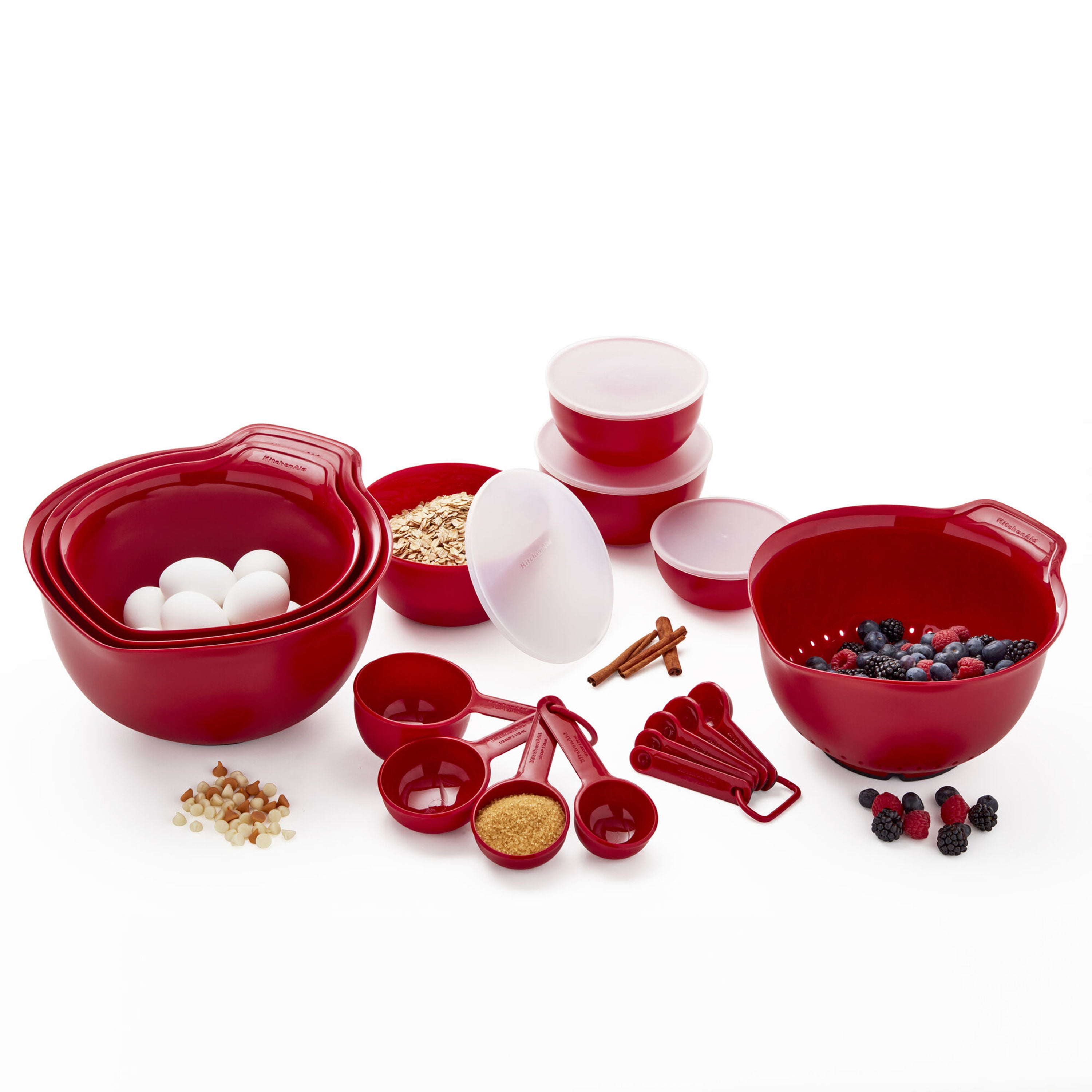 KitchenAid KQS494BXERW 21pc Plastic with Non-Skid Bottom Mixing Bowl and Measuring Set Red