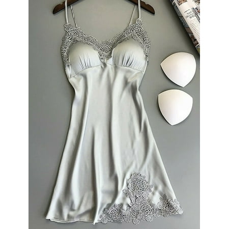 Coduop Women Silk Satin Sleepwear Dress Babydoll Lace Sleepwear V-Neck Mini Skirt