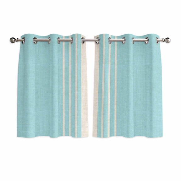 Aqua Beige Striped Kitchen Curtains Short 45 Inch Length, Modern Farmhouse Retro Lines Grommet Top Bedroom Living Room Curtains, Light Filtering Cafe Curtain Drapes 2 Panels Set 84''x45''
