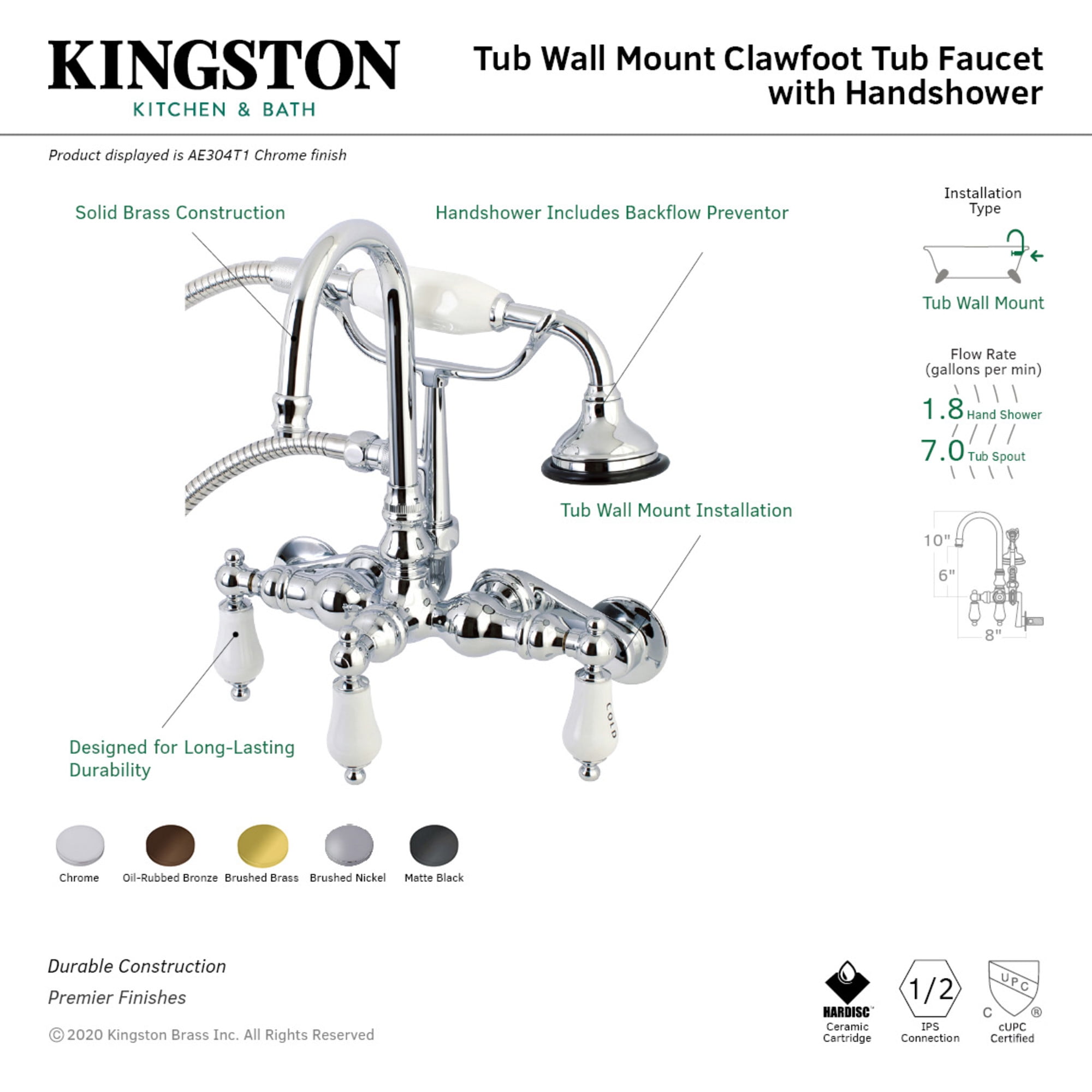 Kingston Brass AE303T0 Aqua Vintage Wall Mount Clawfoot Tub Faucets, Matte Black