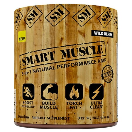 SMART MUSCLE 3-in-1 NATURAL PERFORMANCE AMP - Ultra Clean TOTAL Muscle Defining Preworkout Experience with Fat Shredding Matrix and Muscle Building BCAA Blend - 100% NON-GMO Ingredients - Wild Berry