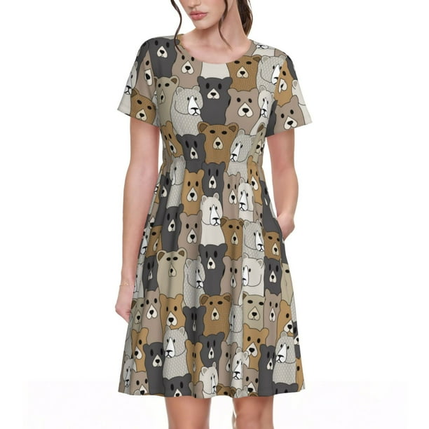 Balery Cartoon Bear Vestidos sueltos de manga corta para mujer, vestidos de verano 2025, vestidos casuales de corte A con vuelo.