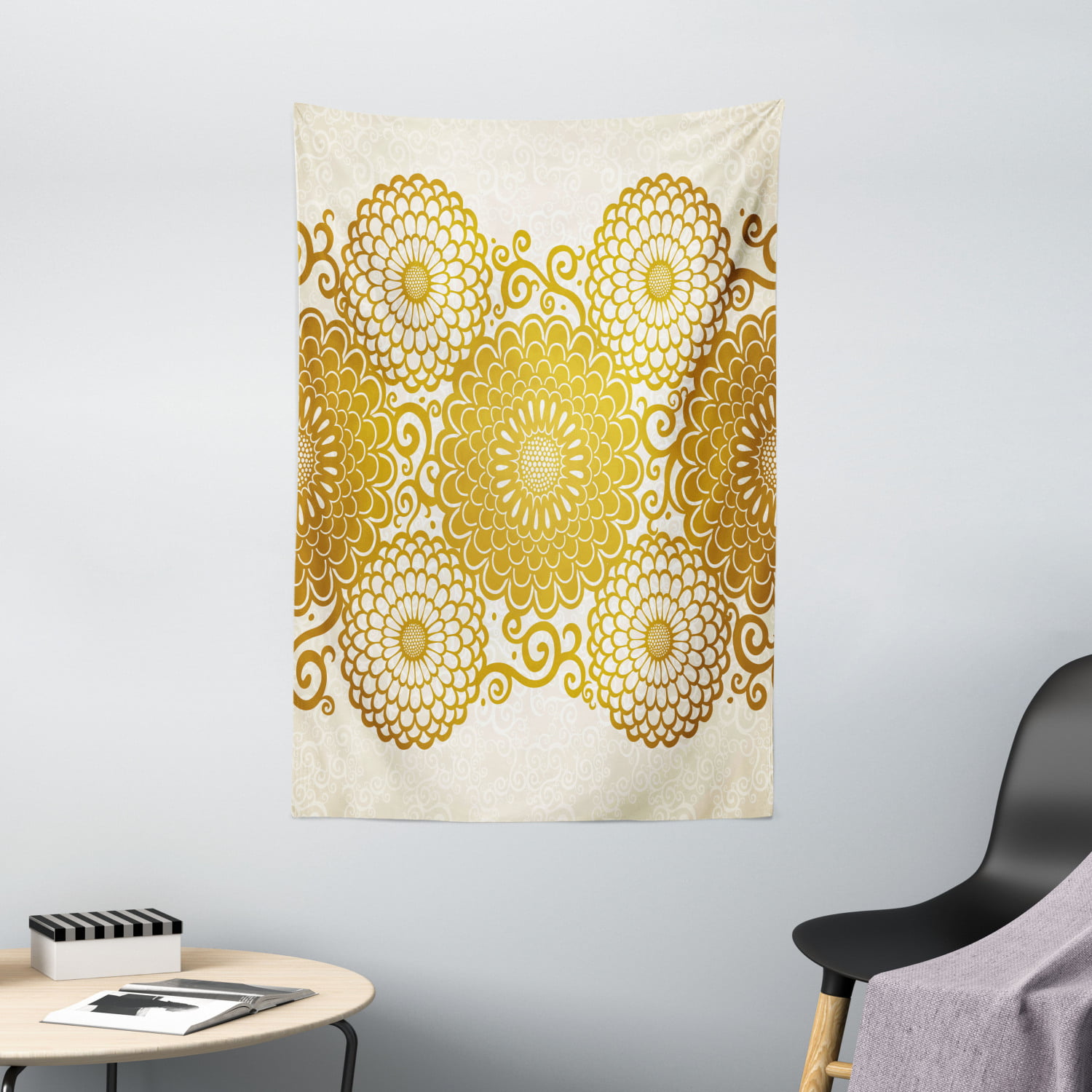 Gold Mandala Tapestry, Border with Large Flowers and Curls ...