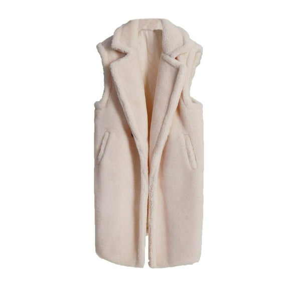 Oksale Faux Fur Vest for Women Plus Size Mid Length Sleeveless Vests Casual Lapel Jackets with Pckets Solid Color Tank Jacket Soft Cozy Warm Winter Fall Outerwear 2025 Beige XXL