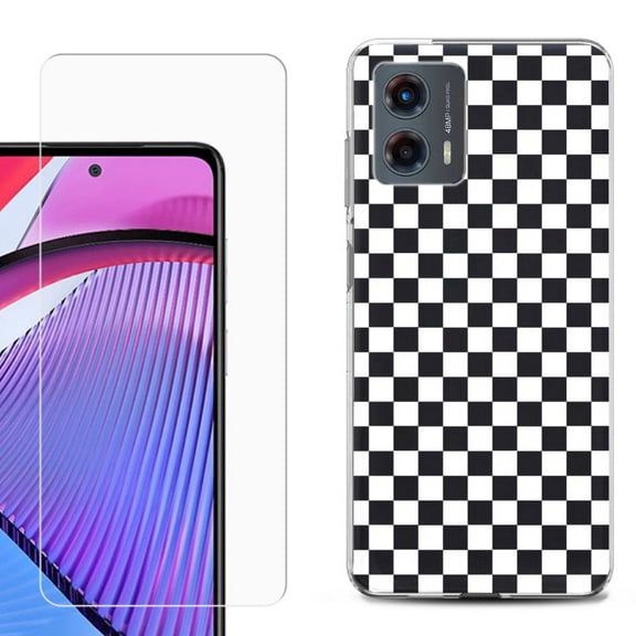 OneToughShield ® Compatible with Motorola Moto G 5G 2023, Shockproof Phone Case, with Tempered Glass Screen Protector - Checker B/W