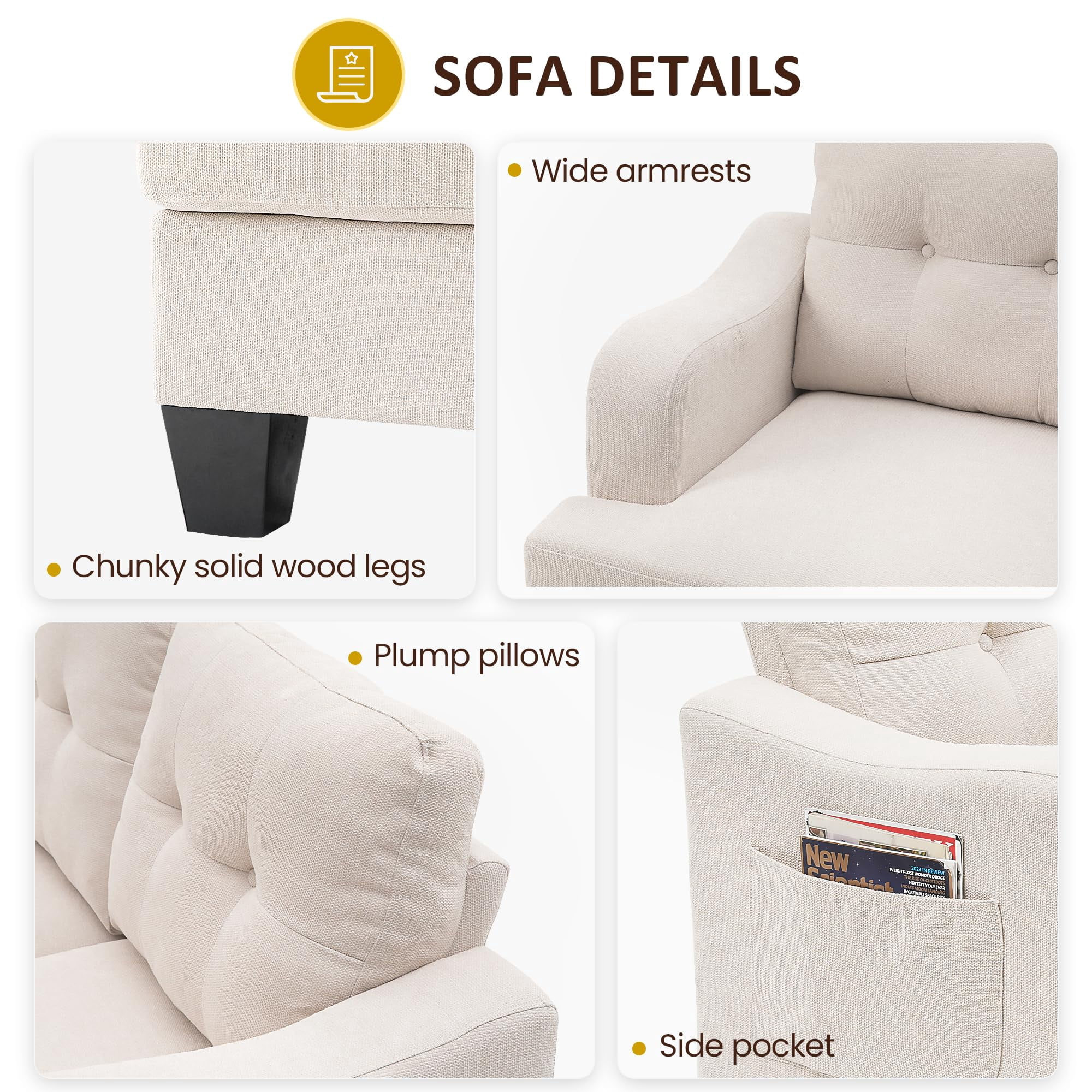 RoyalCraft Modular Sectional Sofa, Memory Foam, Button Tufted Designed, 2 Seats Sofa Couch for Living Room, Beige Velvet