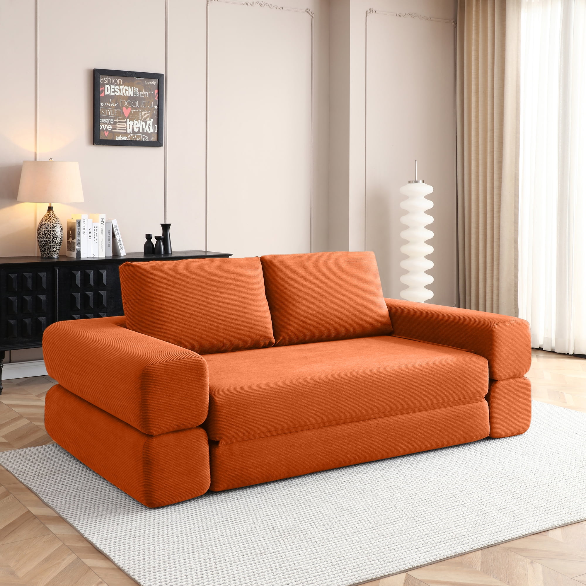 81-Inch Convertible Sofa Bed with Pillows, 3-in-1 Folding Floor Couch and Corduroy Futon Sleeper Mattress for Living Room and Bedroom, Orange