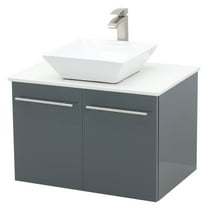 WindBay Wall Mount Floating Bathroom Vanity Sink Set. High Gloss Dark Grey Vanity, White Flat Stone Countertop Ceramic Sink - 36"