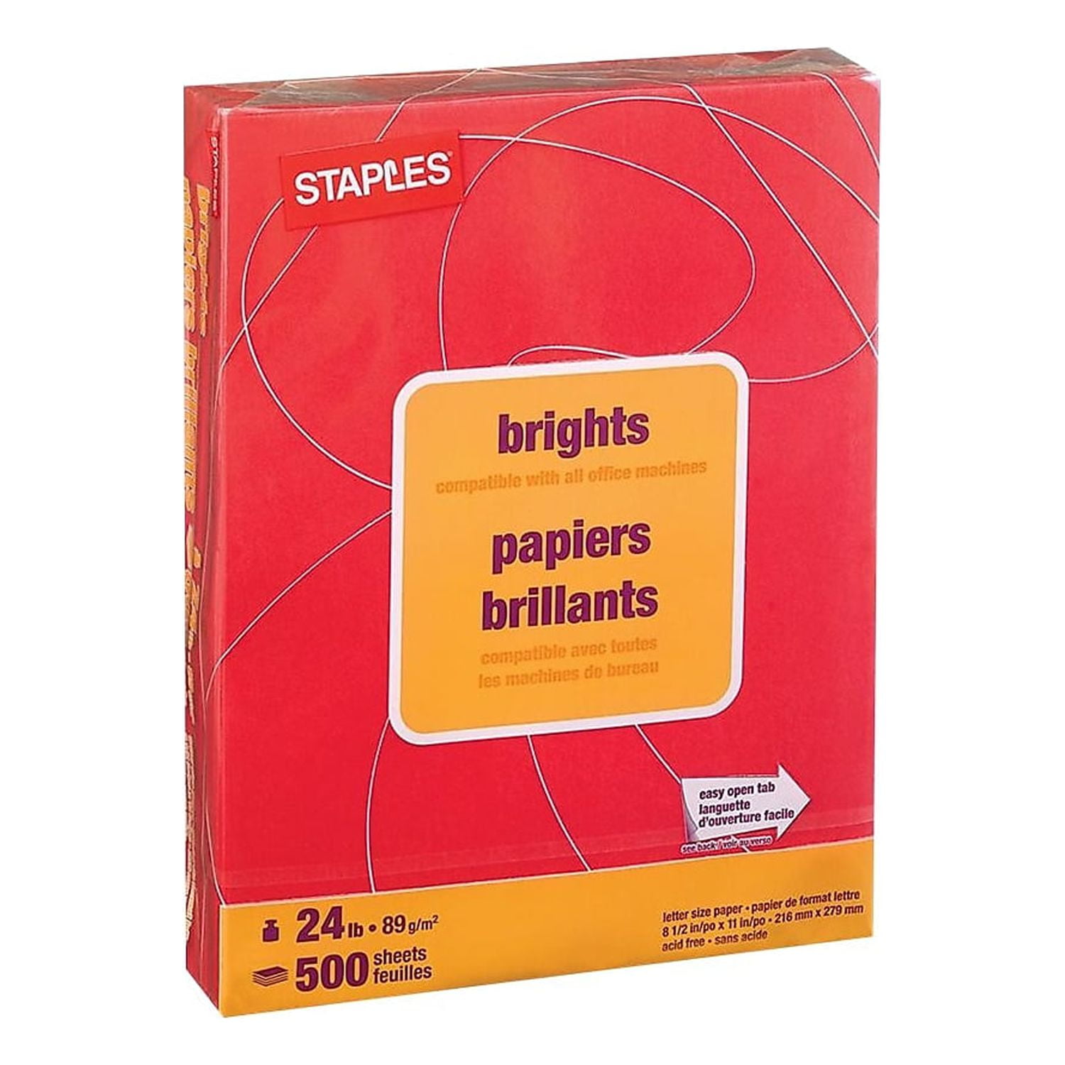 Staples® Brights Multipurpose Paper, 24 lbs., 8.5 x 11, Red, 500/Ream  (20104)