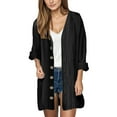 thumbnail image 3 of VISALY Long Cardigans Open Front Cardigan for Women Women's Fashionable and Casual Solid Color V Neck Long Sleeved Button Cardigan Thin Cardigans Lightweight Crewneck Cardigan Black L, 3 of 9