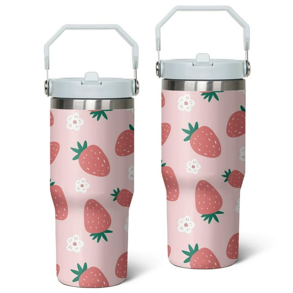 30 Oz Strawberry Flip Straw Tumbler with Top Handle for Strawberry Lover Insulated Resuable Vacuum Tumbler with Flip Straw and Handle for Home Office Car Dishwasher Safe Pink Strawberry