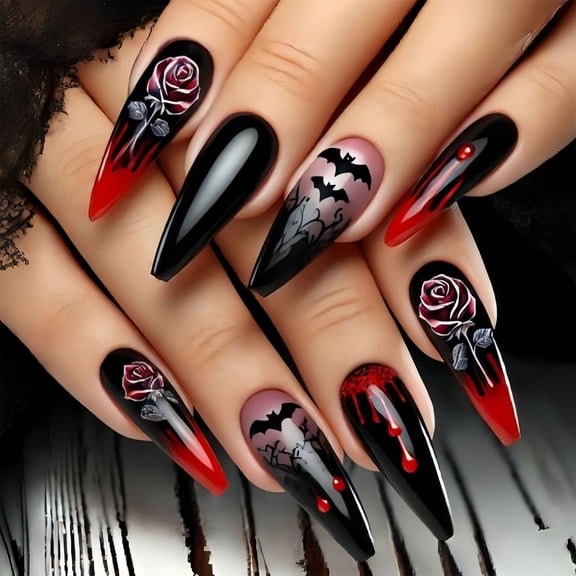 Gothic Blood Drip Artificial Nails With Skull & Rose Motifs, Long Lasting Halloween Manicure Set 24pcs