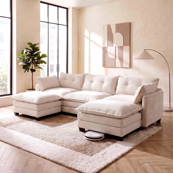 Amsleekey 111.5" Modular Sectional Sofa with 2 Movable Ottomans, U-Shaped Modern Corduroy Cloud Couch for Living Room, Comfy Deep Seat, Beige