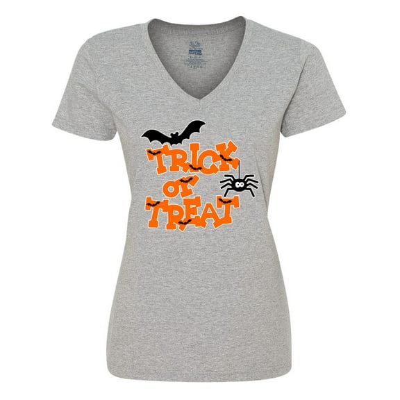 Inktastic Halloween Trick-or-Treat with Spider and Bats Women's V-Neck T-Shirt