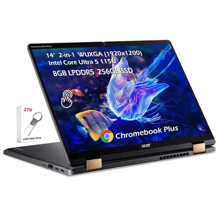 Acer Chromebook Plus Spin 714 2-in-1 Laptop with Google AI, 14" WUXGA Touch, Intel Core Ultra 5 115U, 8GB LPDDR5 256GB SSD, Backlit KB, Wi-Fi6E, Bluetooth, Chrome OS, Steel Gray, w/2TB USB Drive,