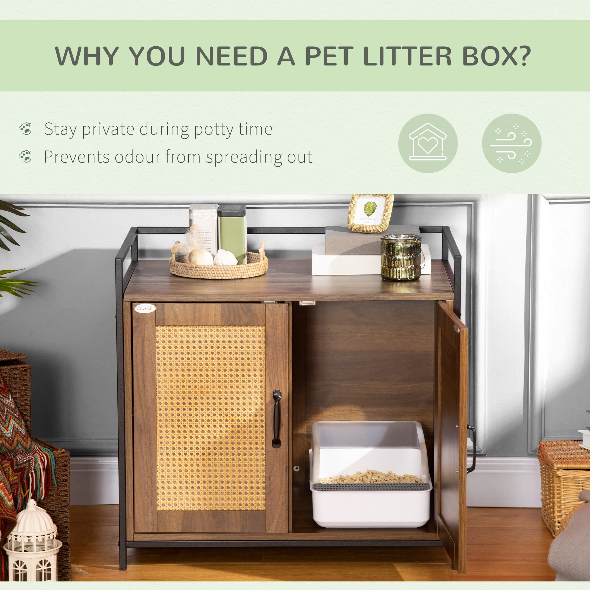 PawHut Shelved Hidden Litter Box Enclosure with Spacious Top Interior, Large Cat Litter House End Table for Indoor Cats with Hidden Storage Cabinet