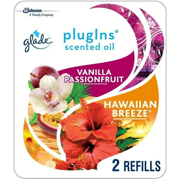 Glade PlugIns Scented Oil Refill Hawaiian Breeze & Vanilla Passion Fruit, Essential Oil Infused Wall Plug in, 1.34 fl oz, Pack of 2
