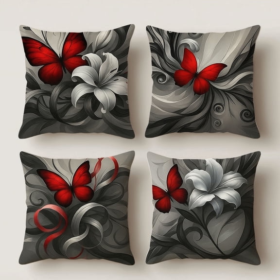 Lavish Cover 14x14 Inch Black Red Butterfly Lily Pillow Cover, Artistic Luxury Decorative Cushion Case for Sofa Bedroom, No Insert