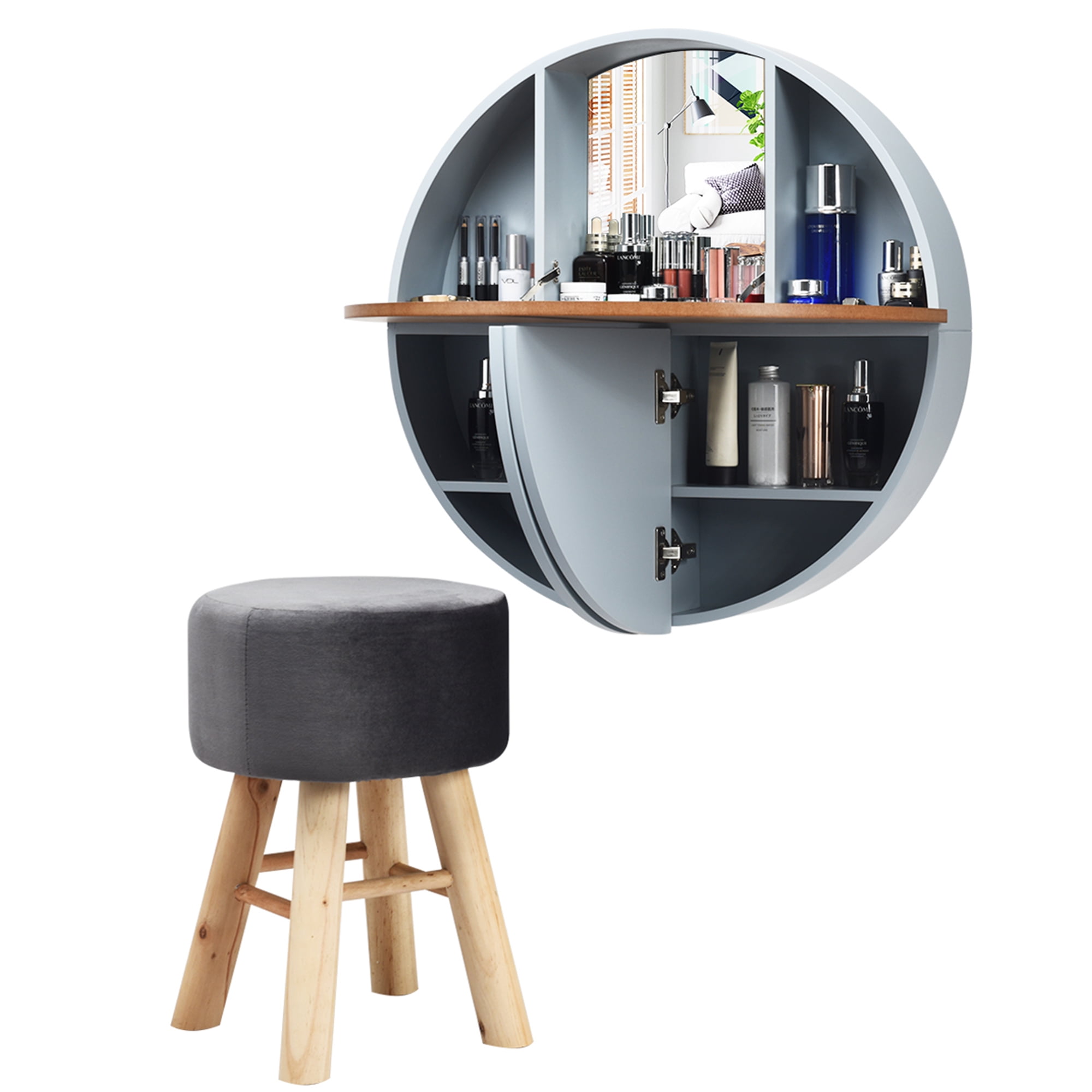 Gymax Wall Mounted Vanity Set Round Makeup Dressing Table & Stool Set w ...