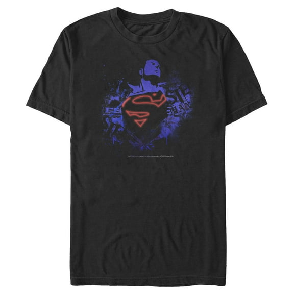 Men's Superman Hero Graffiti Neon Print Graphic Tee Black Large