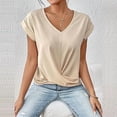 thumbnail image 3 of MORTTIC Women's Knotted V-Neck Elegant Short Sleeve Blouse Lightweight Casual Top for Spring Summer Apricot，XL, 3 of 5