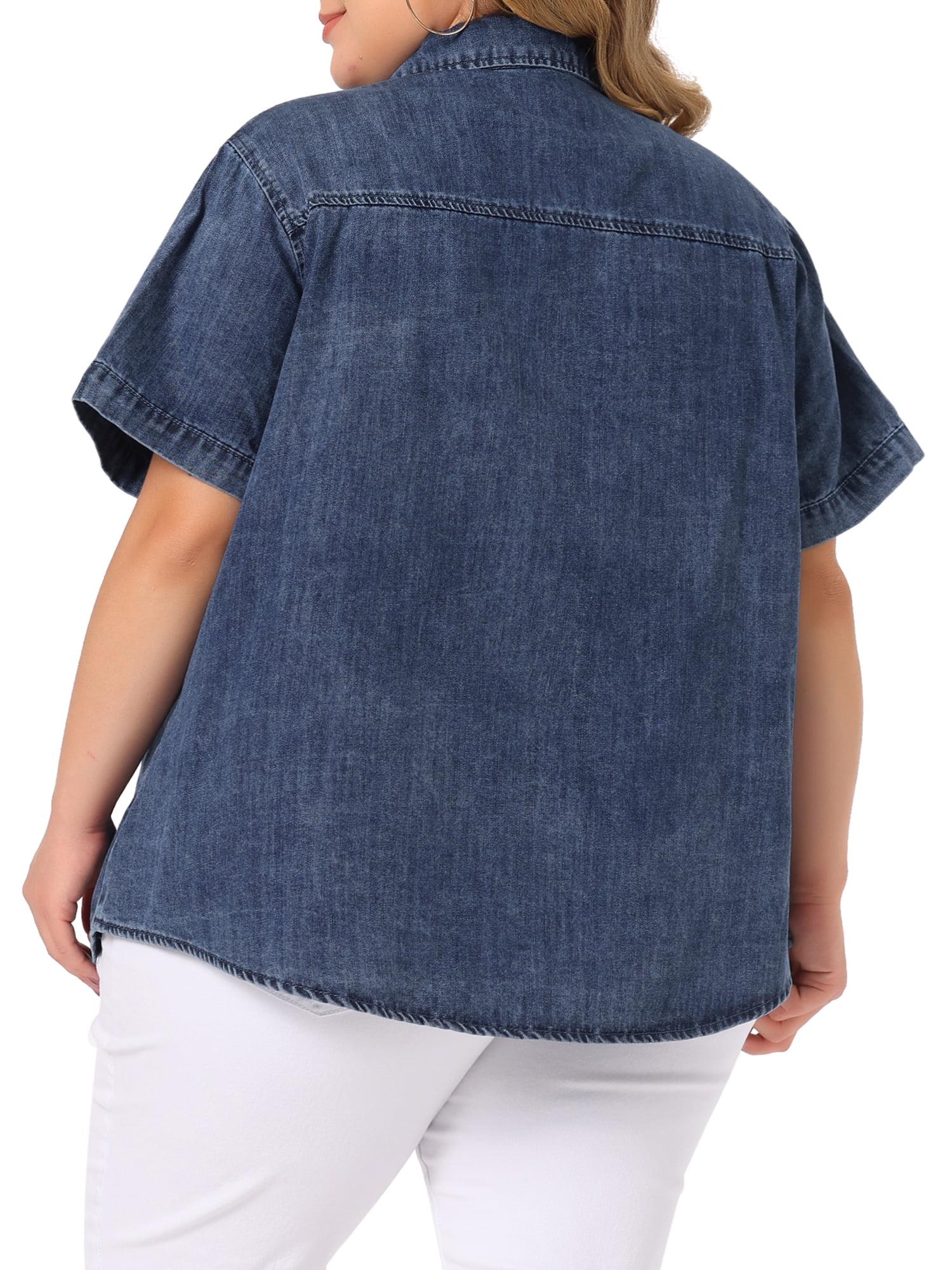 Unique Bargains Women's Plus Size Denim Jean Shirts Short Sleeve Button Down Tops 1X Denim Blue