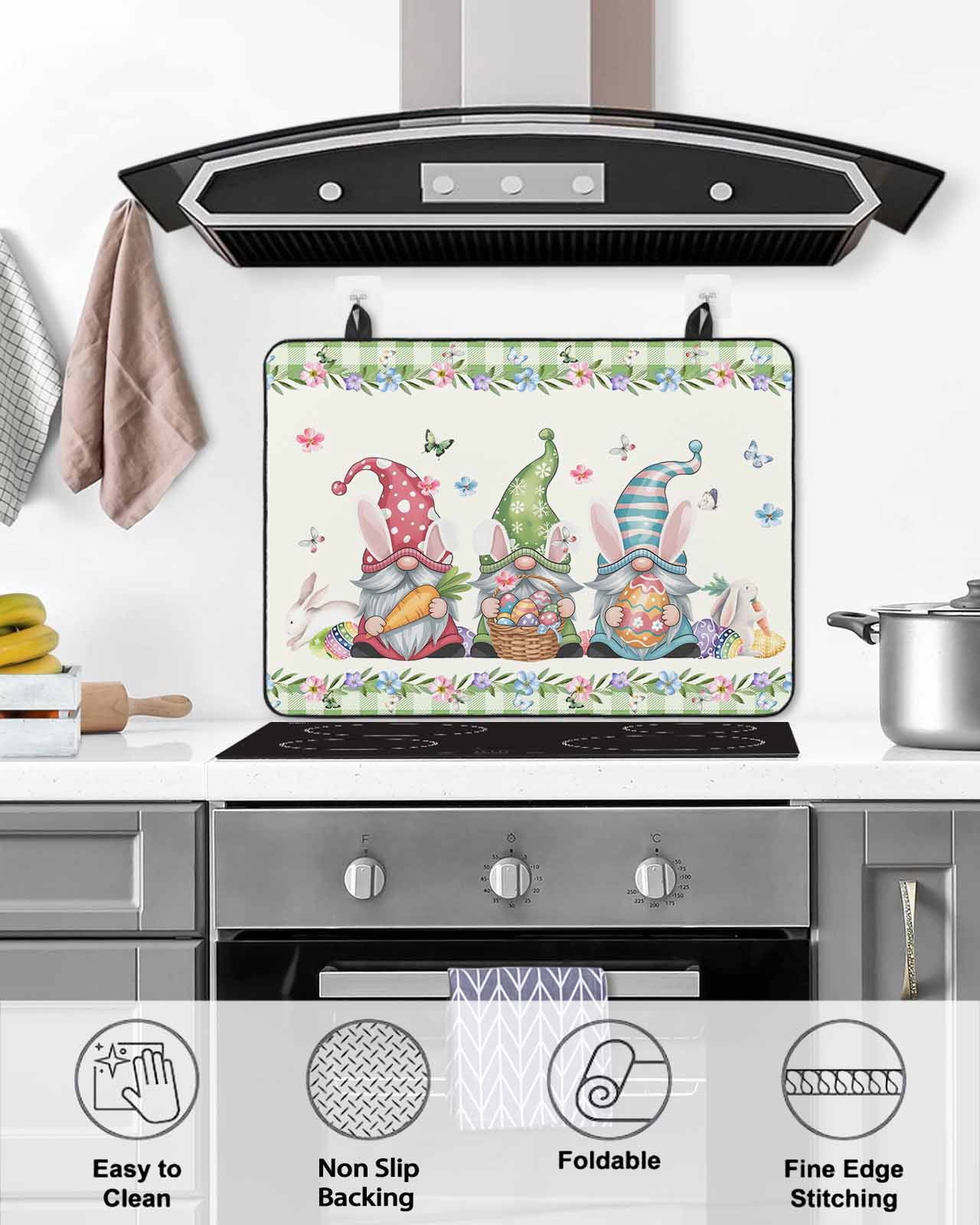 Large Induction Cooktop Protector Mat Easter Stove Top Covers for Electric Stove, Funny Bunny Ear Gnomes Colorful Eggs Flowers Plaid Decorative Stove Burner Cover Mats, Glass Top Stove Cover