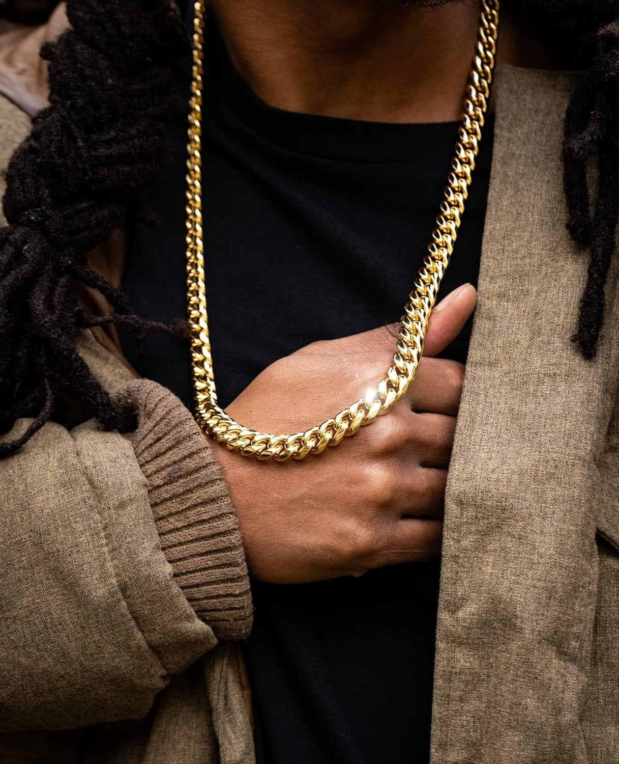 Leander 14K REAL Gold Plated Miami Cuban Link Chain 316L Stainless Steel Necklace or Bracelet with Iced Out Diamond Clasp for Men Women(Custom Box and Pouch Packing, Christmas Gift)
