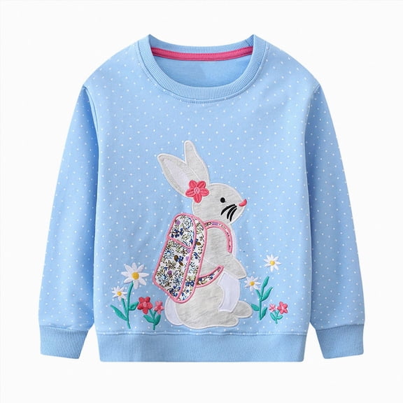 Wonitaaizi Girls Pullover Sweatshirts Kids Cute Cartoon Printed Crewneck Tops (7 Years,Light Blue)