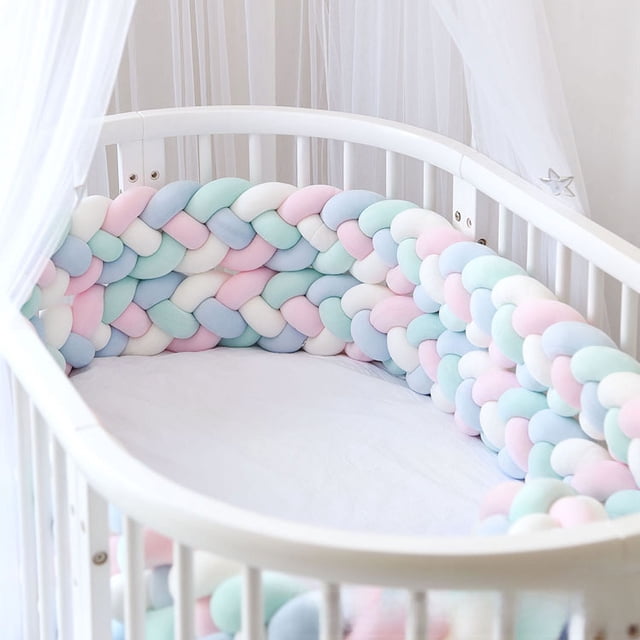 Almohada de cama trenzada de cuatro hebras con bolas de nudo largo tejidas, tira anticolisión para niños