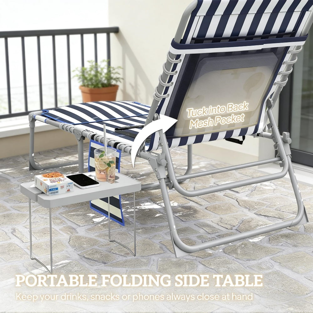 4-Piece Outdoor Lounge Set 2 Patio Loungers & 2 Folding Side Tables 5-Position Adjustable Backrest Face & Arm Holes 600D Oxford Fabric Pool Beach Chairs with Carry Strap