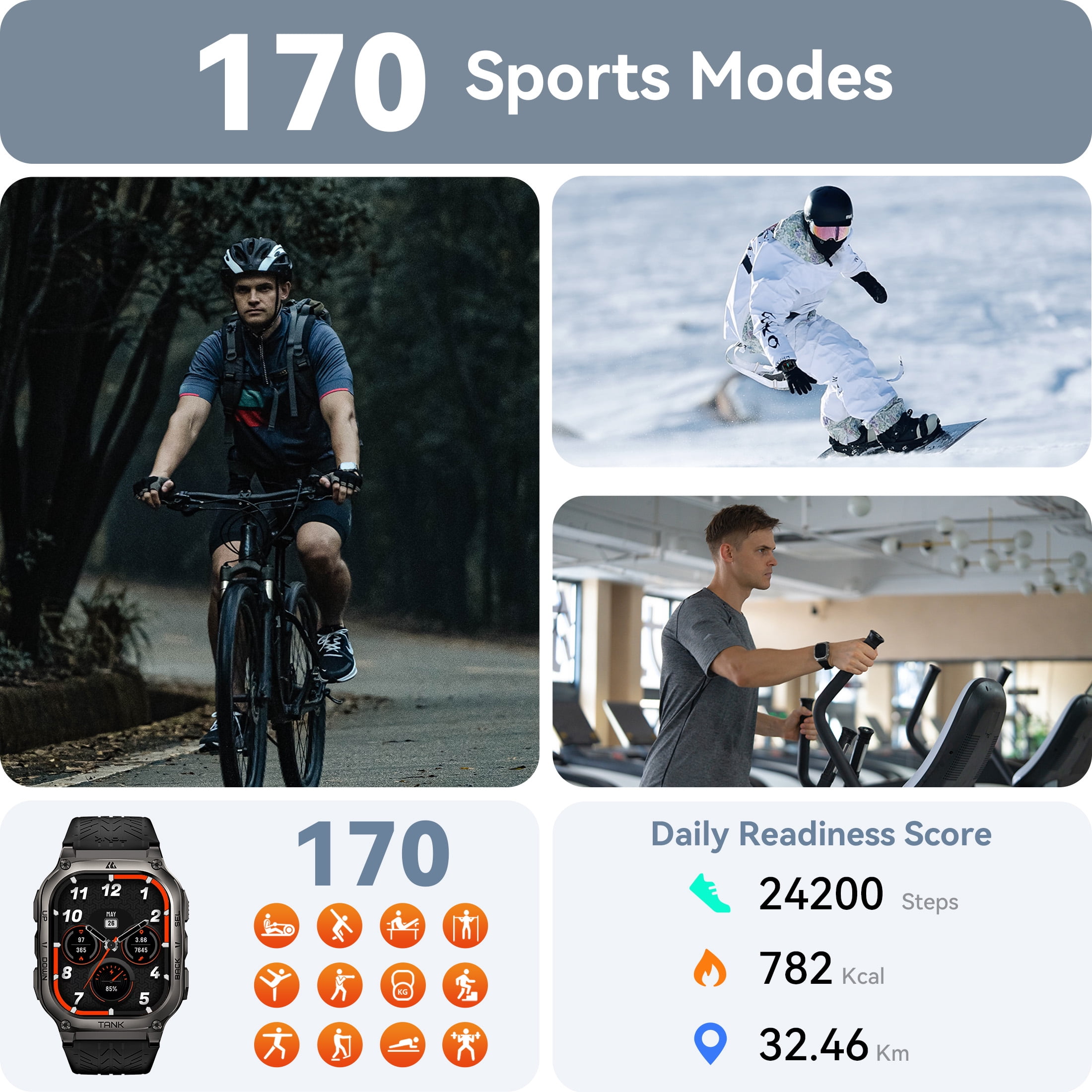 Smart Watch for Android and iPhone，Military Smartwatch for Men Women 1.96 "AMOLED display with 170 Sports Modes