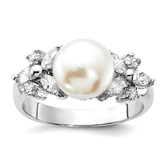 7.9mm 925 Sterling Silver Rhodium Plated Polished Cubic Zirconia Freshwater Cultured Pearl Ring Size 5 Ring for Women