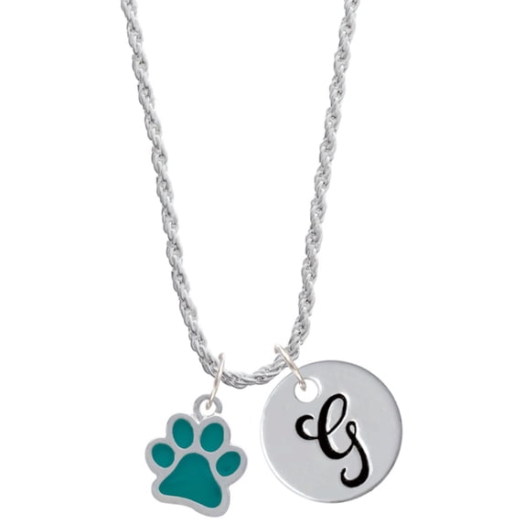 Delight Jewelry Silvertone Medium Translucent Teal Paw Silvertone Script Initial Disc - G - Charm Necklace, 20"+3"