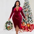 thumbnail image 4 of Plus Size Womens Burgundy V Neck High Waist Midi Dress Long Sleeve Knitted Bodycon Slit Fall Winter, 4 of 6