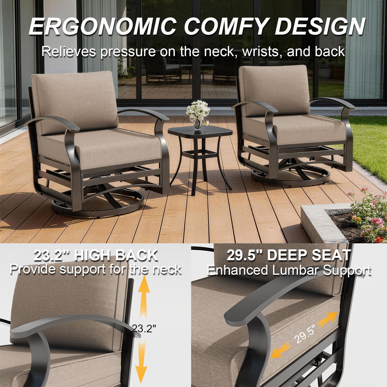 Gotland 3PCS Outdoor Aluminum Swivel Rocking Chairs, 2-Person Patio Furniture Conversation Set with Coffee Table and Cushions, Sand