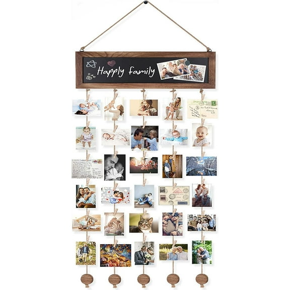 Picture Frames Collage Photo Hanging Display Board Wood Rustic for Wall Decor and Dorm Room with Blackboard 30 Clips Carbonized Black