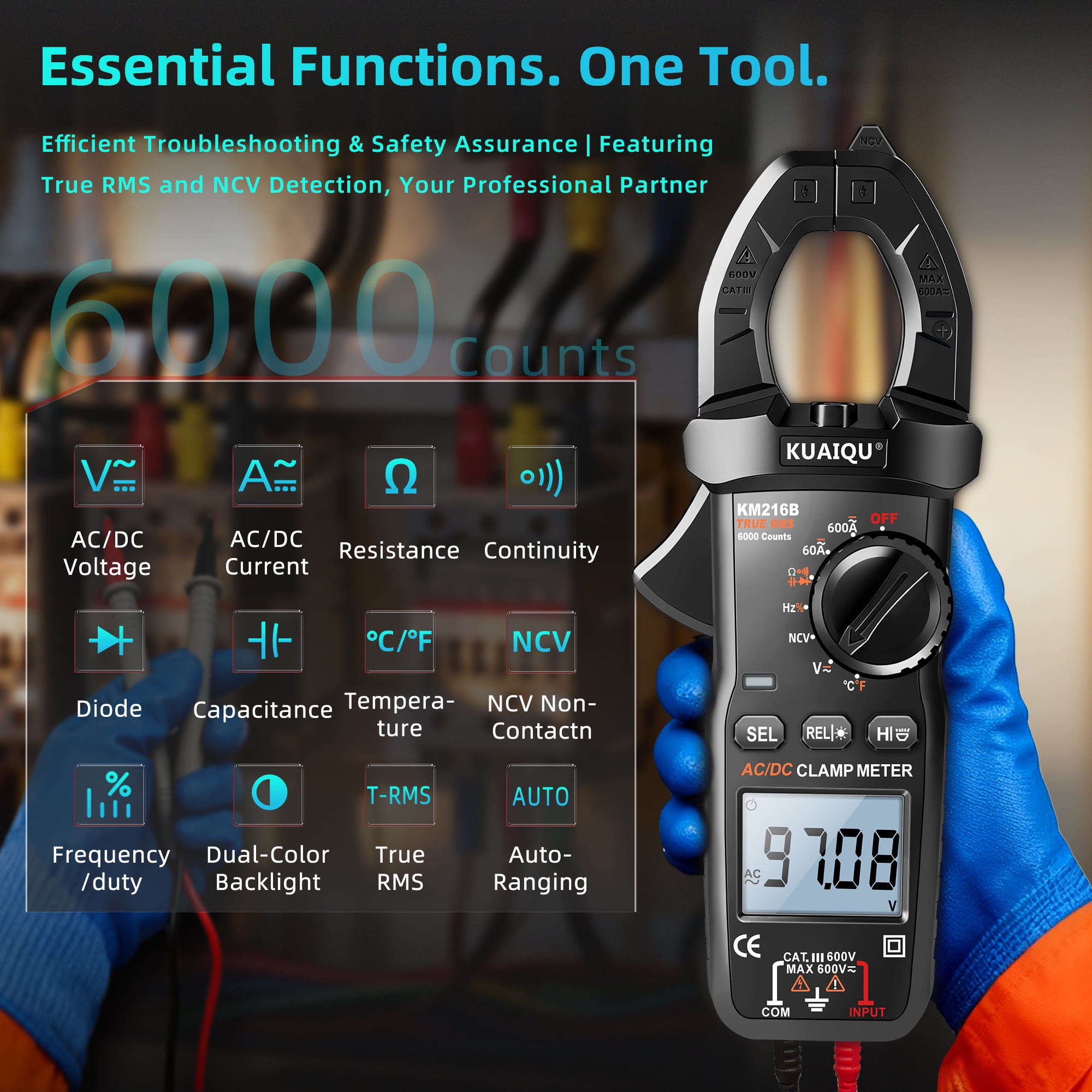 KUAIQU T-RMS Digital Clamp Meter 600A Current Amp Volt Meter 6000 Counts with NCV ℃/℉ Resistance Capacitance Frequency Duty Cycle AUTO Handheld Multimeter