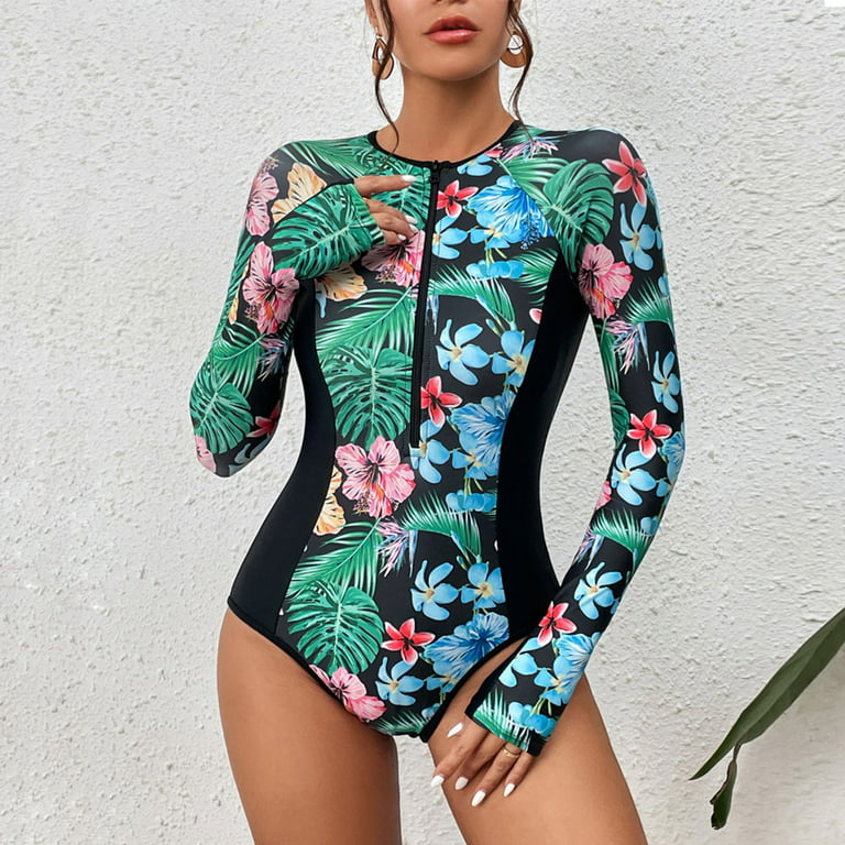 2023 Womens Rash Guard Swimsuit Long Sleeve Sun Protection Printed Zipper  Surfing One Piece Bathing Suit