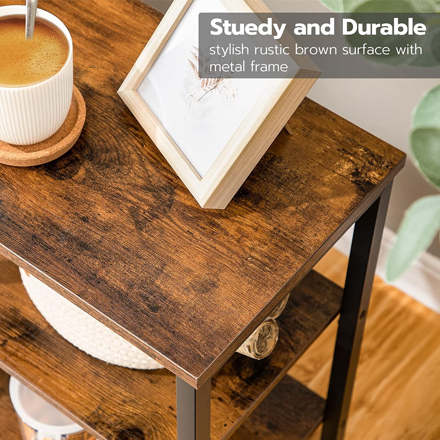 HOOBRO End Tables Metal Frame Set of 2 Sofa Tables with 3-Layer Storage Shelves Living Room Home Office Rustic Brown BF13BZ01