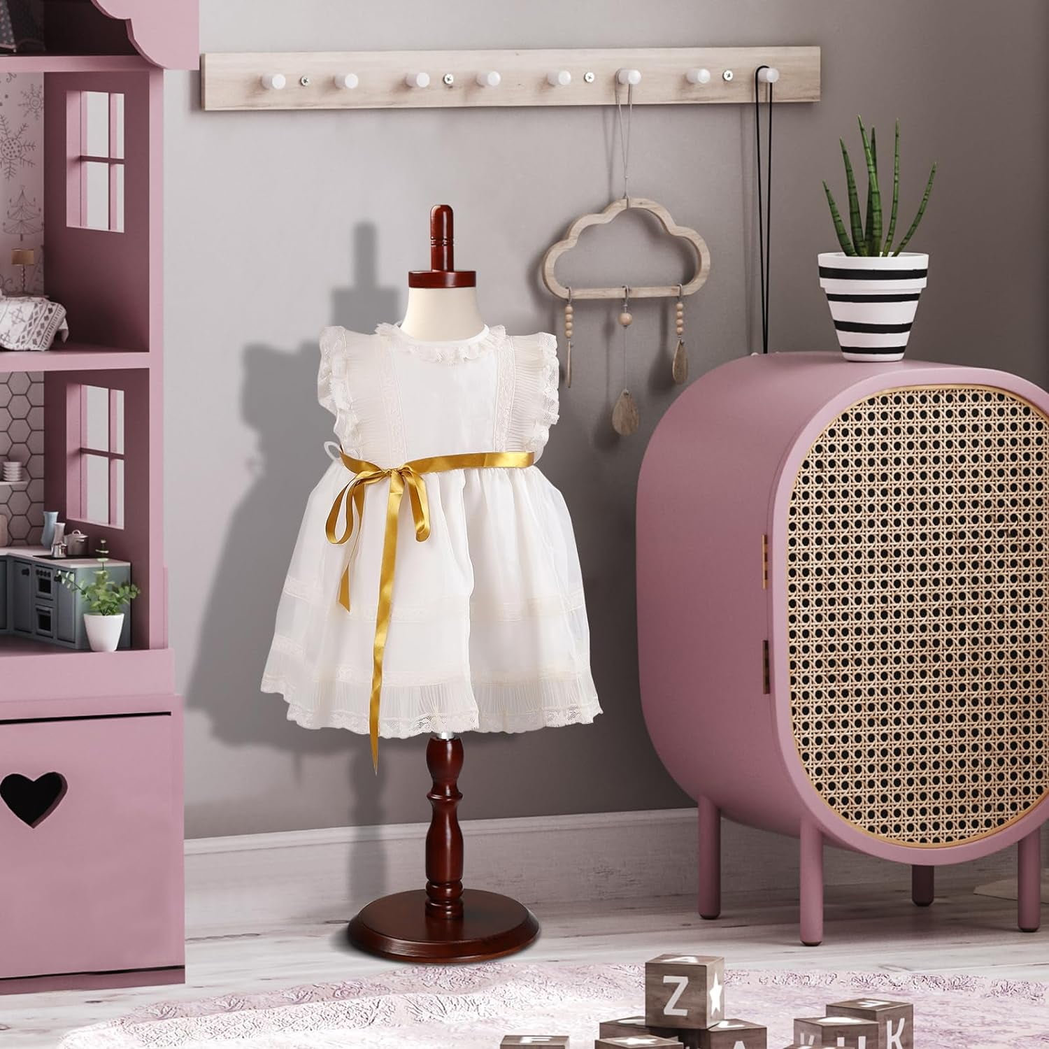 Bonnlo White Kid Dress Form, Toddler Mannequin Torso with Adjustable Wood Stand (0.5-1 Years Old)